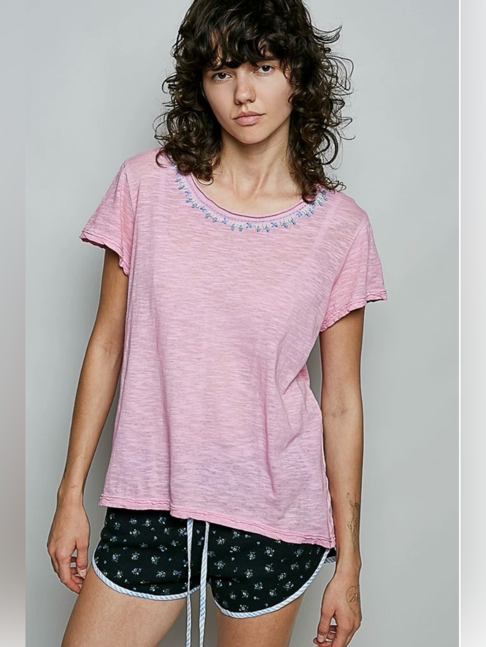 POL Hand-Stitched
Neckline Slub Pink Tee Embroidered Neck Pink Tee